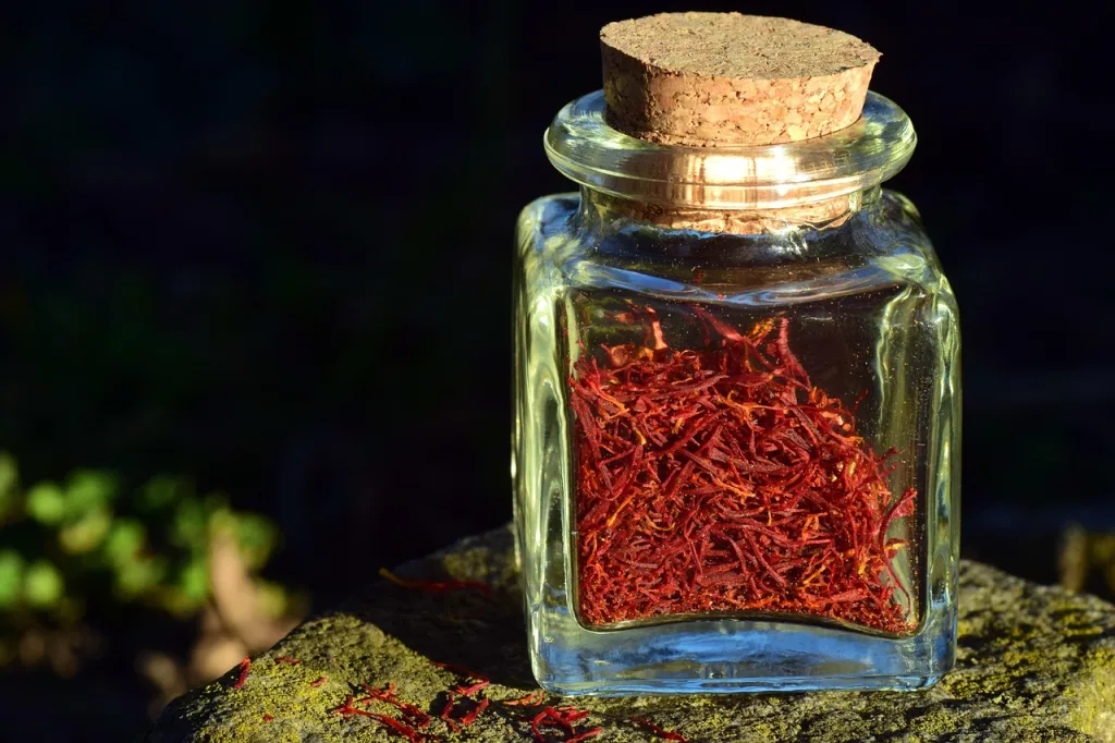Saffron threads stored in a glass jar for preservation