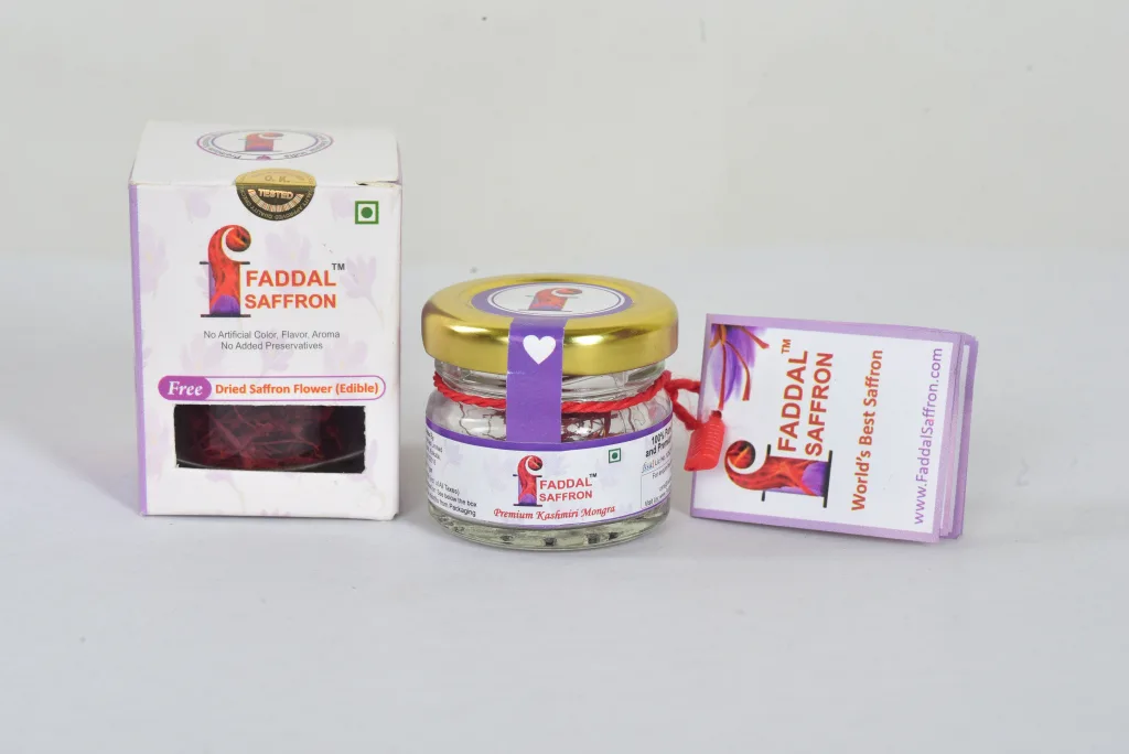 Packaged saffron product showing labeling and presentation